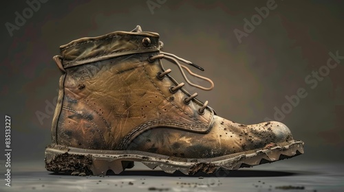A worn military boot with mud on the sole, displayed in an artistic and gritty style with earthy tones. photo