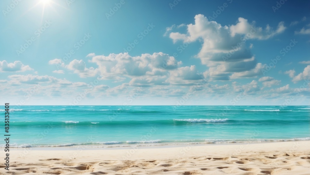 Obraz premium Beautiful background image of tropical beach Bright summer sun over ocean Blue sky with light clouds, turquoise ocean with surf and clear sand Harmony of clean environment Wide format.