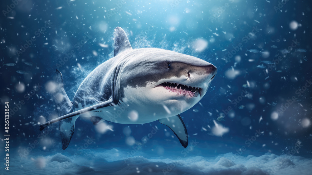 Shark Swimming in Winter Snow with Unique Scenic Background
