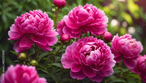 Bright colorful magenta peonies flowers in an outdoor garden with beautiful bokeh.