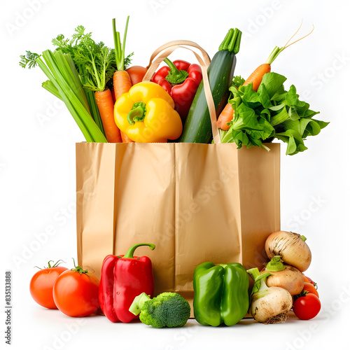 Brown Paper bag with groceries  isolated on white background 