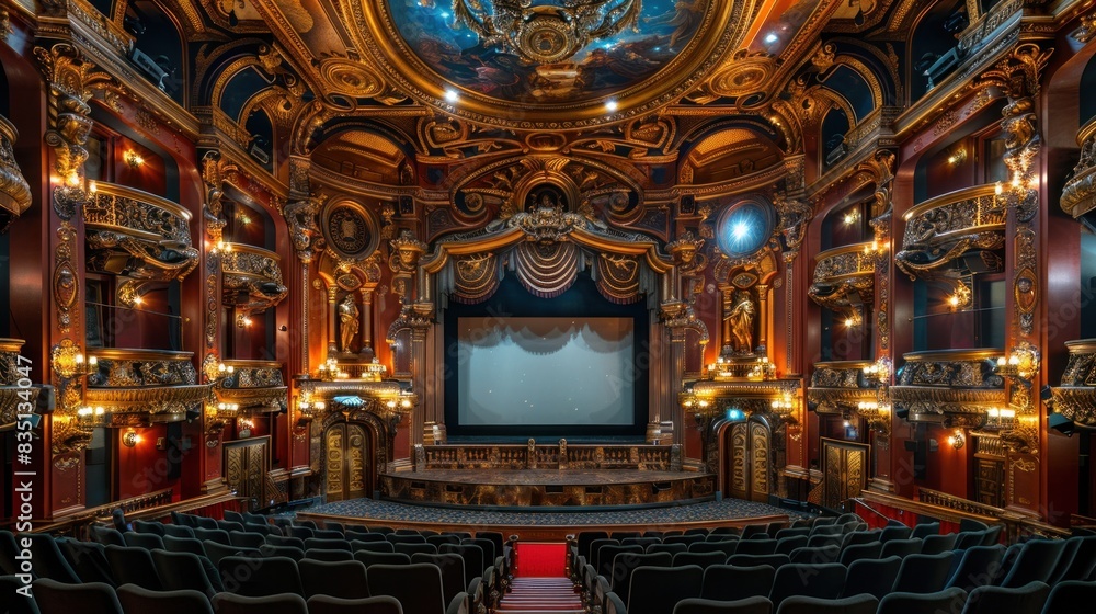 Obraz premium 1920s silent film theater, with ornate gold details and monochrome screen