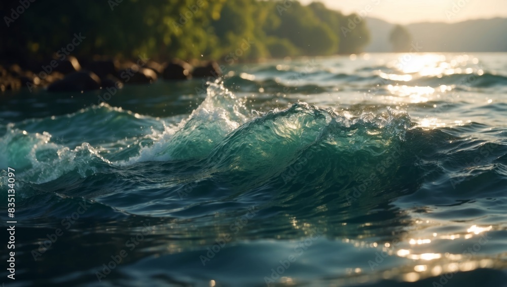 Obraz premium An original beautiful background image for creative work or design in form of water surface with chaotic waves and beautiful light reflections.