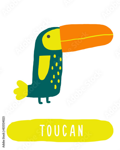 Learn jungle forest flashcard. Learning English words for kids. Cute hand drawn doodle educational card with toucan bird. Preschool rain forest, wild nature learning material