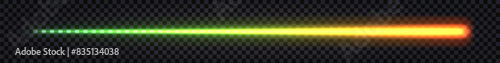 Neon glowing laser stick, light glow effect beam, luminous dynamic line green to orange gradient. Tchno futuristic cyber design element. Vector transparent isolated