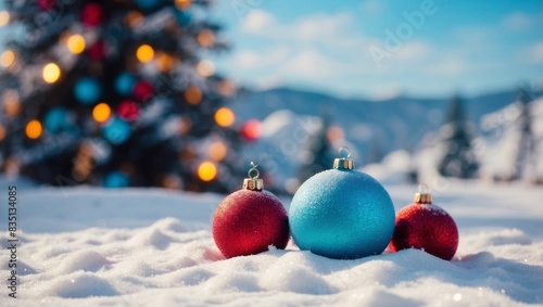 Christmas colorful gifts, ball under fir in snow in winter snowdrift Winter natural Christmas light blue scenic landscape background with copy space. photo