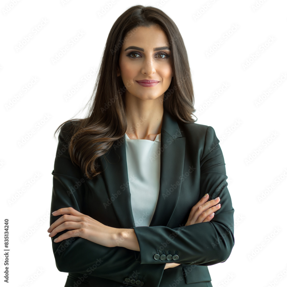 A professional woman in a dark green blazer crosses her arms and smiles confidently with a transparent background A professional woman in a dark green blazer crosses her arms and smiles confidently with a transparent background