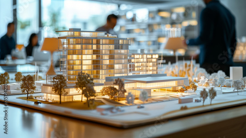 Maquette d'un quartier, équipe de promoteurs immobiliers, d'architectes et d'hommes d'affaires travaillant sur un projet d'urbanisme