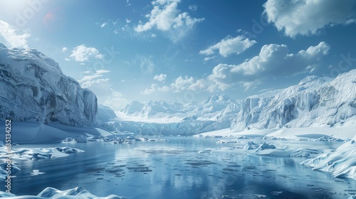 A breathtaking view of a frozen Arctic landscape with icebergs, mountains, and a clear sky with clouds.