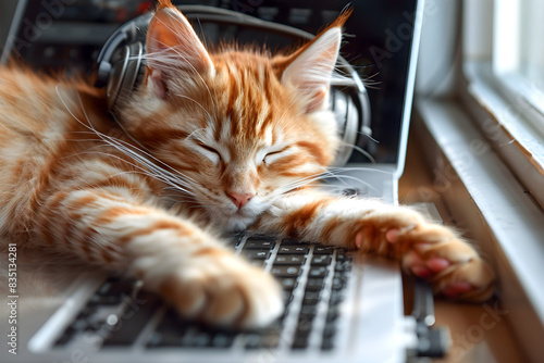 Cute ginger cat is sleeping on a laptop with headphones on its head. Lifestyle with pets at home