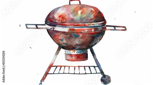 Colorful watercolor painting of a round barbecue grill with a lid and side handles, ideal for summer BBQ designs and invitations.