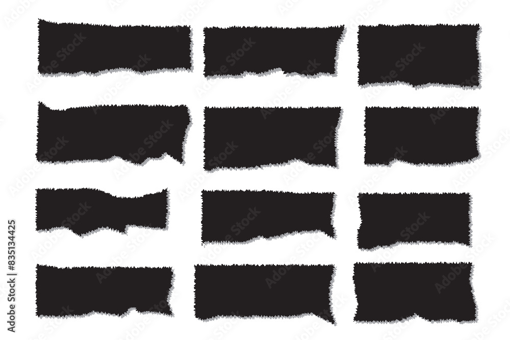 Jagged rectangles collection. Set of black grunge element, shapes with jagged edges. Torn paper pieces for collage, text box, banner, sticker. Vector
