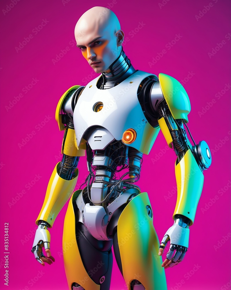 young bald guy with robotic stylish clothing outfit model posing on bright color background portrait young bald guy with robotic stylish clothing outfit model posing on bright color background portrait