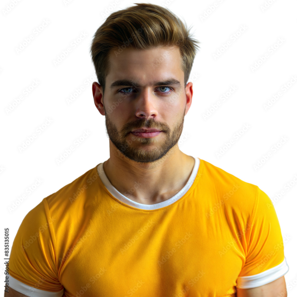 A man with a beard in a yellow shirt stares directly into the camera A man with a beard in a yellow shirt stares directly into the camera