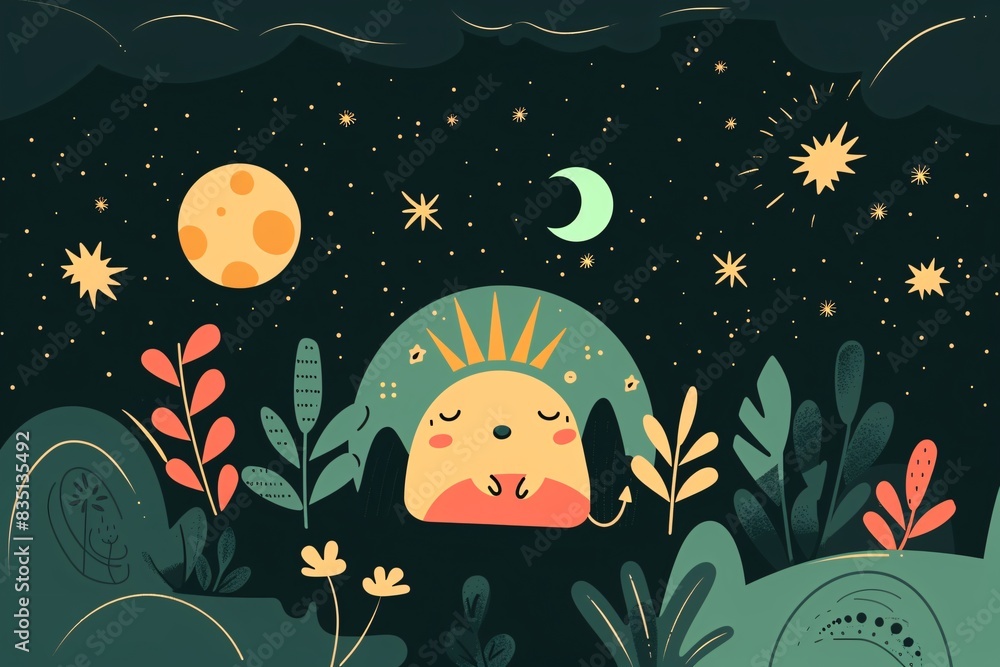 a cartoon of a dragon with plants and moon a cartoon of a dragon with plants and moon
