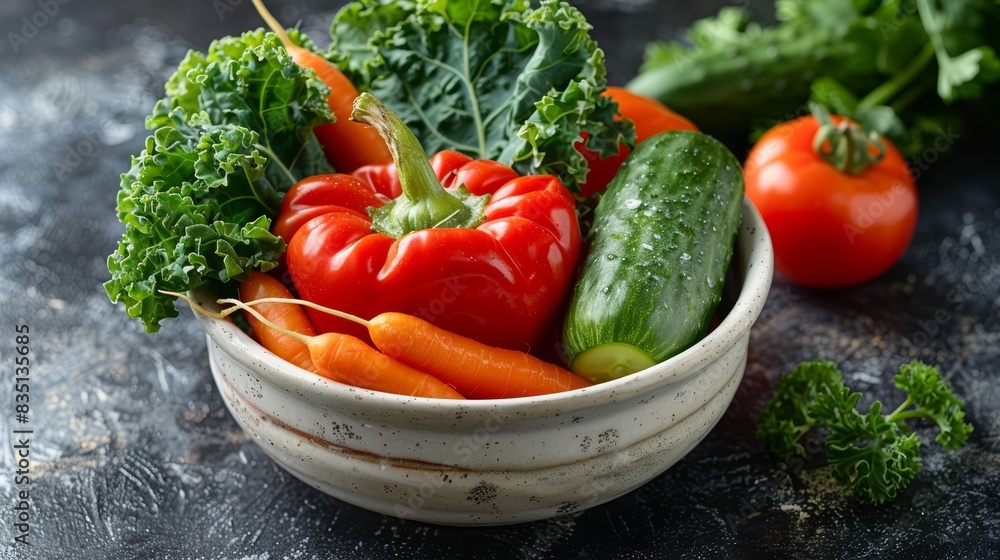 A bowl of fresh vegetables on a table In the kitchen ready for cooking A bowl of fresh vegetables on a table In the kitchen ready for cooking