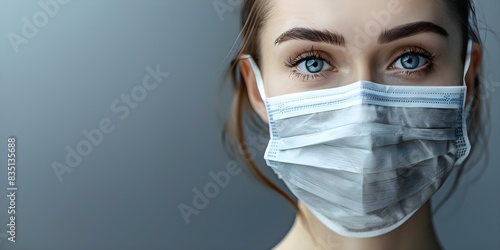 Closeup photo of person in mask shows responsible pandemic precautions and safety. Concept Pandemic Precautions, Closeup Portrait, Mask Safety, Health Awareness photo