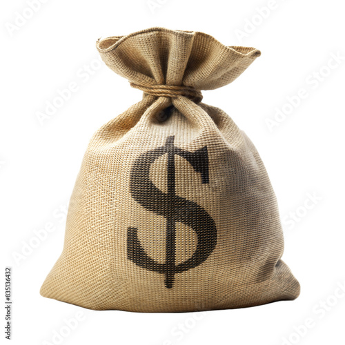A burlap money bag with a large dollar sign printed on it, tied at the top, isolated on a transparent background