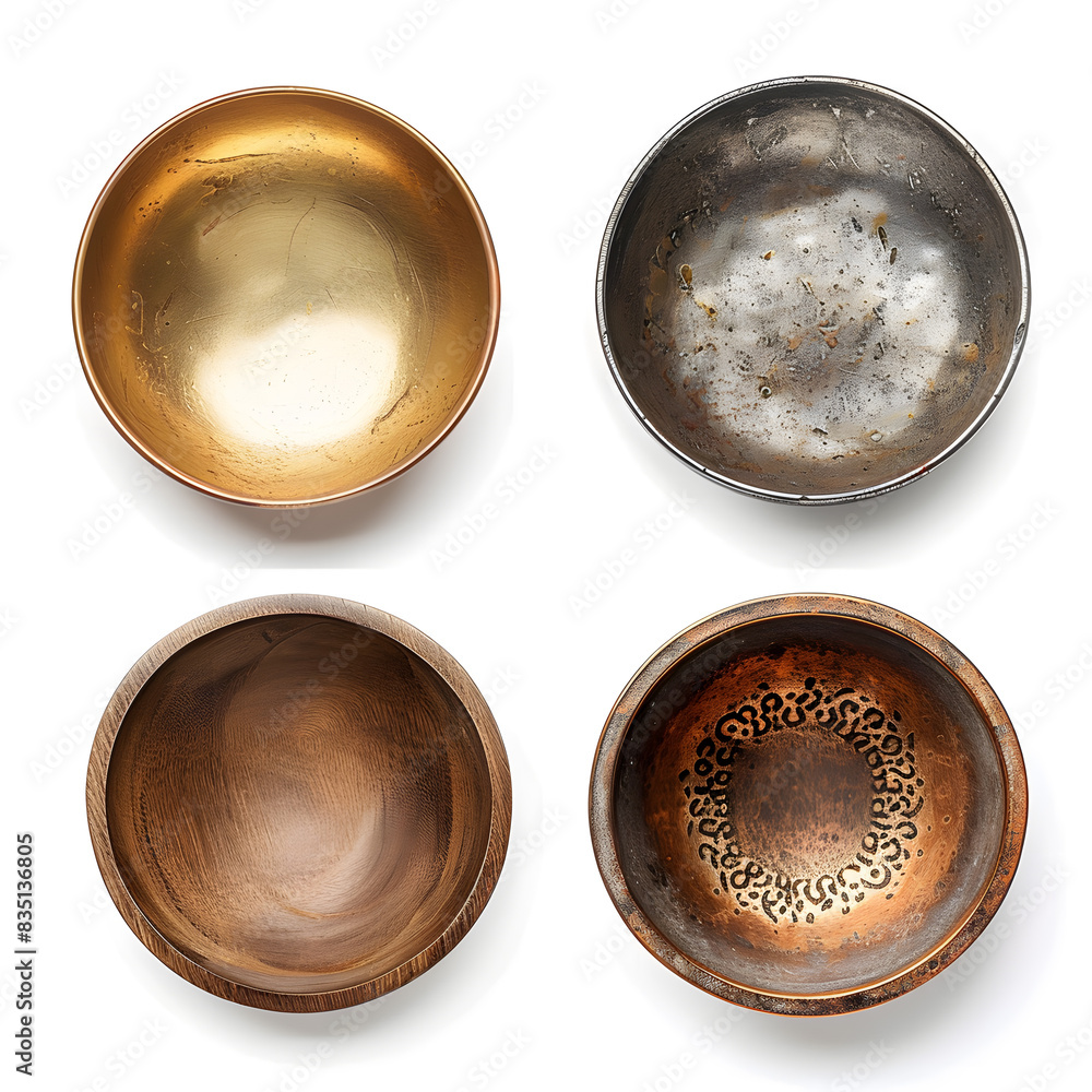 Set of small bowls made of gold, silver and wood top view, isolated on white background Set of small bowls made of gold, silver and wood top view, isolated on white background