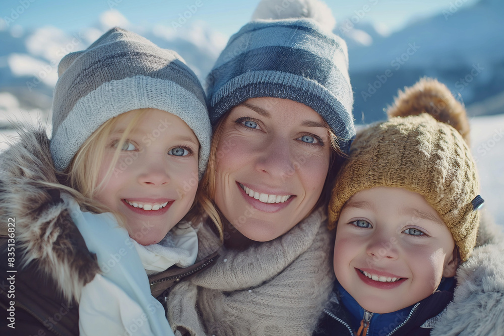 Portrait of cheerful mother with kids in winter snow Portrait of cheerful mother with kids in winter snow