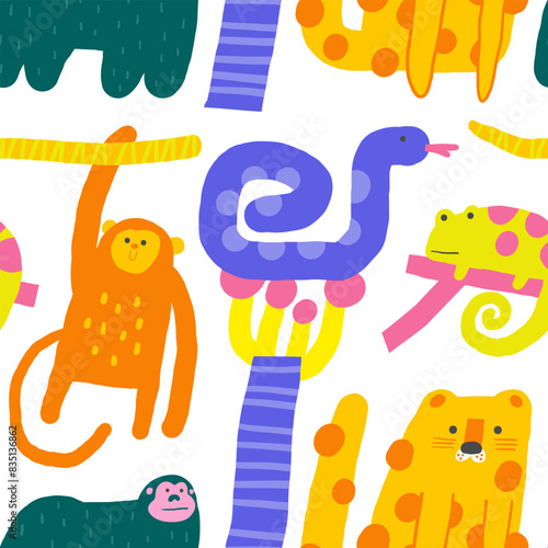 Cute jungle, wild nature seamless pattern. Funny hand drawn doodle repeatable pattern with monkey, snake, chameleon, leopard, gorilla. Mossy forest, wood theme background