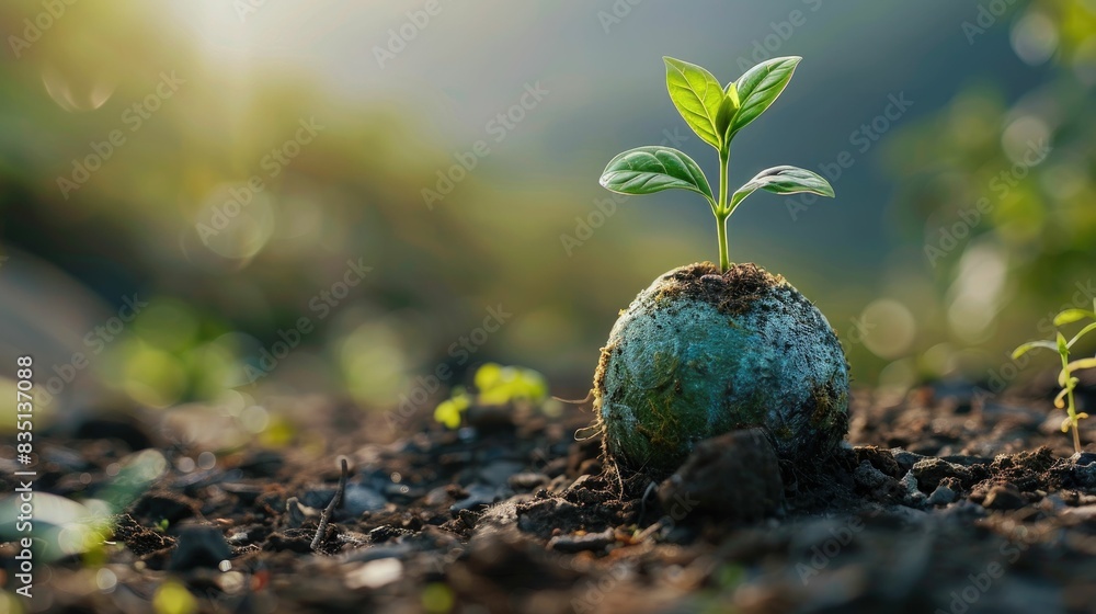 Close-up of a small green plant sprouting from a seed on the forest floor with soft sunlight in the background. Close-up of a small green plant sprouting from a seed on the forest floor with soft sunlight in the background.