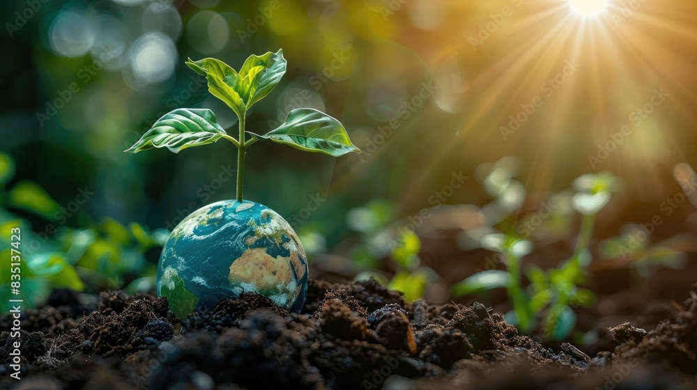 A small plant grows from soil with a globe as its base, bathed in sunlight. A small plant grows from soil with a globe as its base, bathed in sunlight.