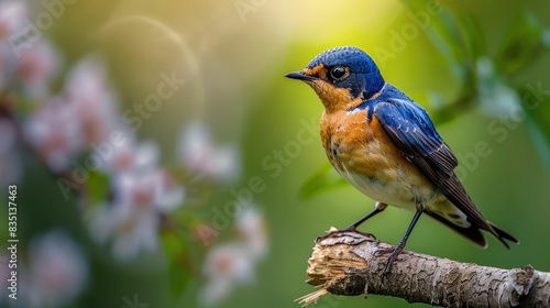 A colorful songbird perched on a branch with blooming flowers in the background on a bright spring day. photo