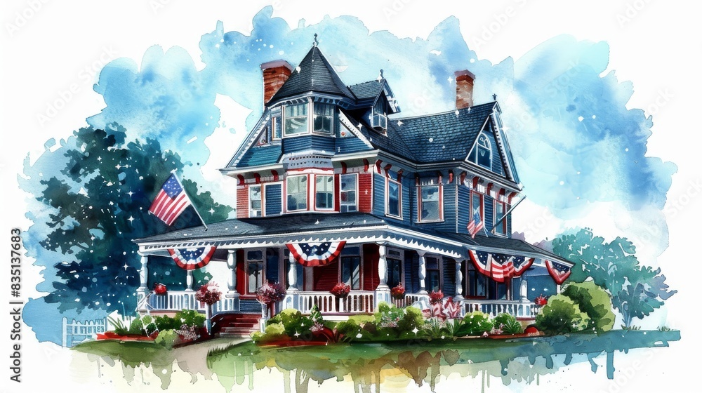 Obraz premium Beautiful Victorian-style house adorned with American flags and festive bunting, set against a lush green backdrop and blue skies.