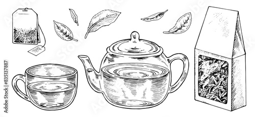 Tea Set Vector Outline Illustration. Hand drawn graphic clipart of cup with pot and leaves. Black line art of tea bag and cardboard box of dried herbal drink. Drawing on isolated white background