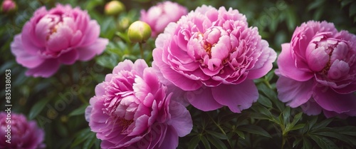 Beautiful large purple pink peony flowers on a bush in the garden close-up with soft focus Bright colorful artistic image, vintage shades.