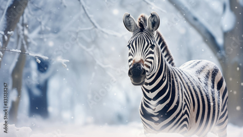 Exotic Zebra in Frosty Winter Landscape with Snowflakes 