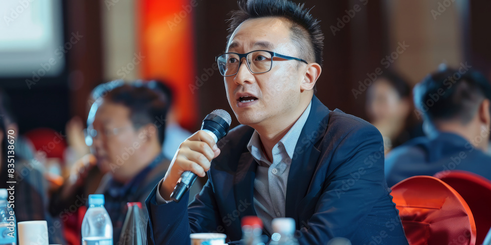 a Chinese entrepreneur leading a discussion on the future of e-commerce at a business forum