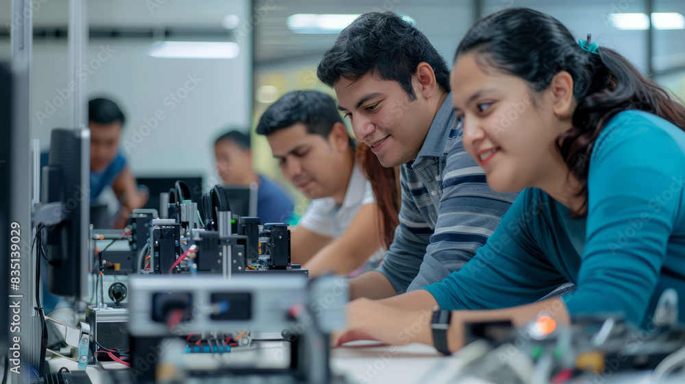a Latin American tech team developing AI-powered customer service bots in a cutting-edge lab a Latin American tech team developing AI-powered customer service bots in a cutting-edge lab