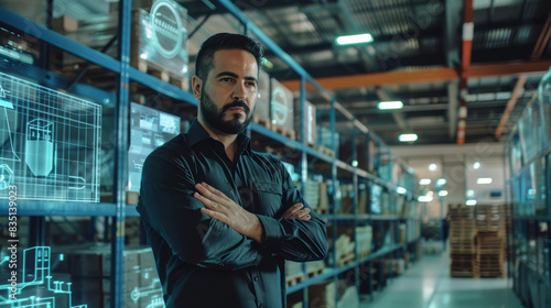 a Latin American entrepreneur using AI to streamline logistics in a modern warehouse office