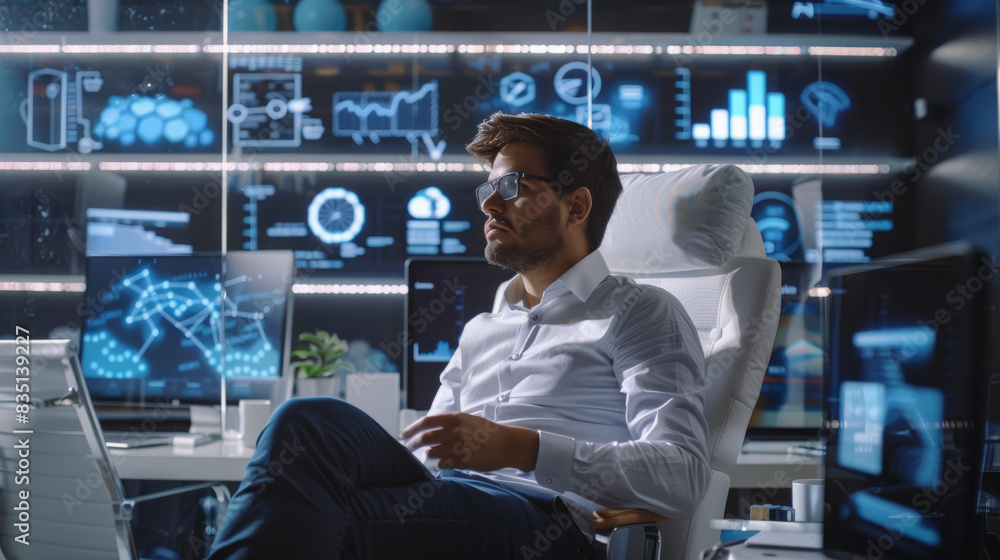 a Latin entrepreneur using cloud computing for business analytics in a futuristic office a Latin entrepreneur using cloud computing for business analytics in a futuristic office