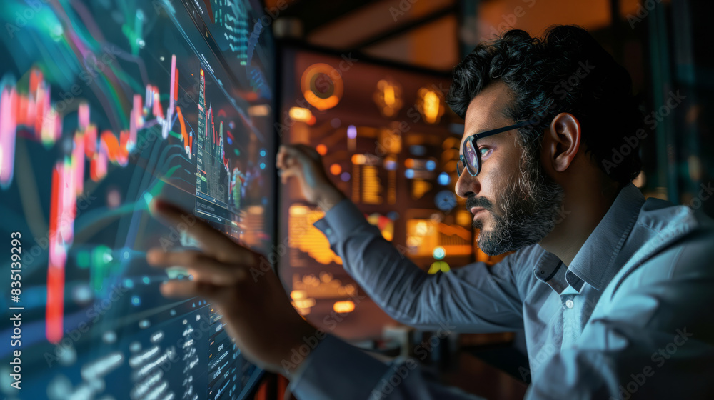 a Latin entrepreneur using machine learning to analyze market trends in a modern office a Latin entrepreneur using machine learning to analyze market trends in a modern office