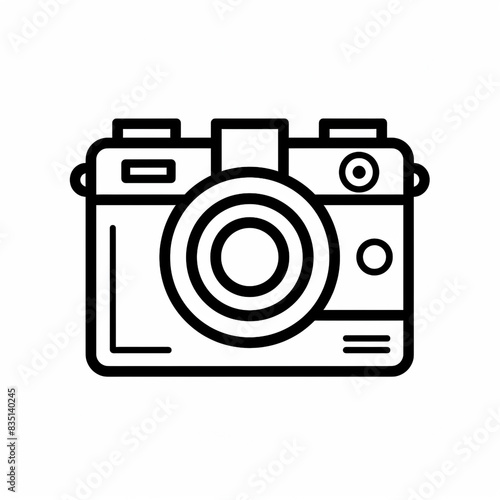 A camera and photography icon with a black and white background. Minimalist style.  photo