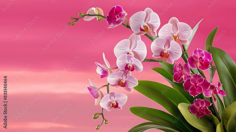 Naklejka premium Orchid flowers and green leaves on pink paper background