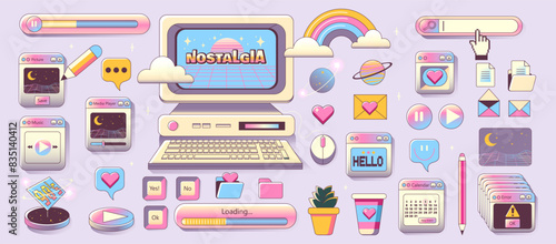 Old computer aestethic. Vaporwave style pc elements, user interface, UI, , planet, dialogue windows, icons in trendy y2k retro style. Vector illustrations. Nostalgia for 1990s -2000s.