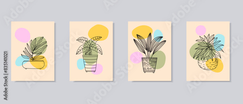 Plants, flowers on pots, vases hand drawing outline hand drawn vector poster wall art illustration set.