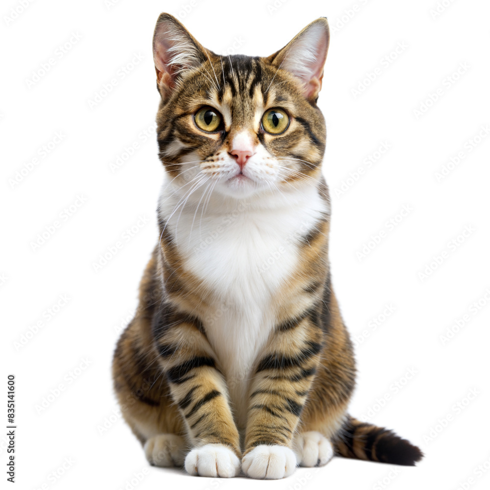 Cute tabby cat, with alert ears and bright green eyes, sitting calmly and staring forward Cute tabby cat, with alert ears and bright green eyes, sitting calmly and staring forward