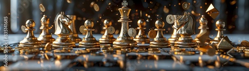 A chessboard where the pieces are gold bars and currency symbols with the king piece being a vault door and shattered pieces around representing economic turmoil