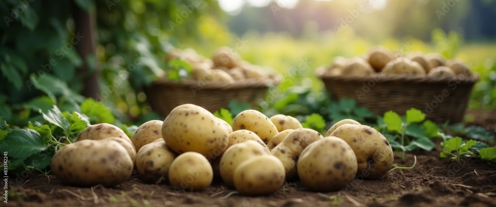Fresh organic potatoes in the field Background many large potatoes in the basket and green leaves on the ground close-up. Fresh organic potatoes in the field Background many large potatoes in the basket and green leaves on the ground close-up.