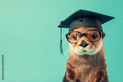 Sea Otter in Graduation Cap and Glasses Symbolizing Education, Achievement and Success on Seafoam Green Background photo
