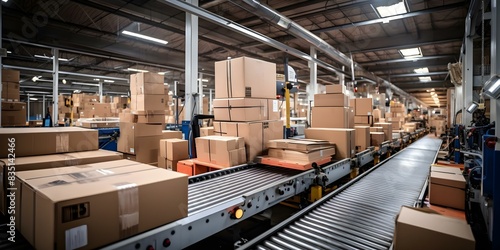 Cardboard boxes on conveyor belt in busy warehouse showcasing delivery automation. Concept Automation, Warehouse Logistics, Conveyor Belt, Delivery Efficiency, Cardboard Boxes