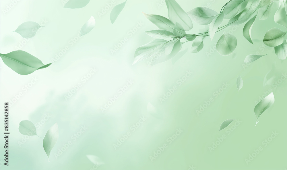 A soft, pastel green background with delicate leaves floating in the air, creating an atmosphere of tranquility and nature-inspired elegance for product packaging A soft, pastel green background with delicate leaves floating in the air, creating an atmosphere of tranquility and nature-inspired elegance for product packaging