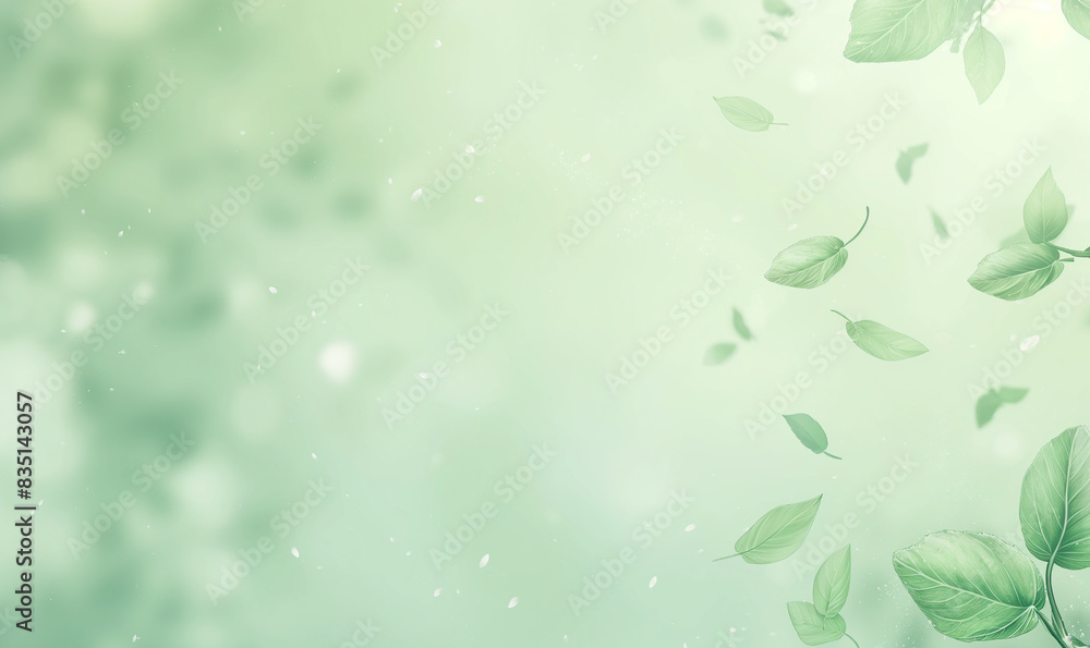 A soft, pastel green background with delicate leaves floating in the air, creating an atmosphere of tranquility and nature-inspired elegance for product packaging A soft, pastel green background with delicate leaves floating in the air, creating an atmosphere of tranquility and nature-inspired elegance for product packaging