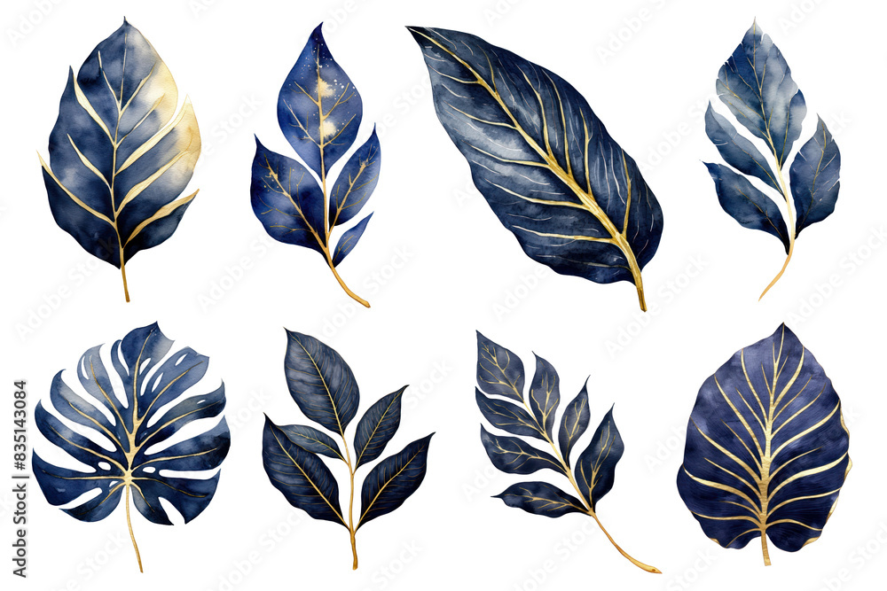 Leaves watercolor indigo gold glitter png on transparent background Leaves watercolor indigo gold glitter png on transparent background
