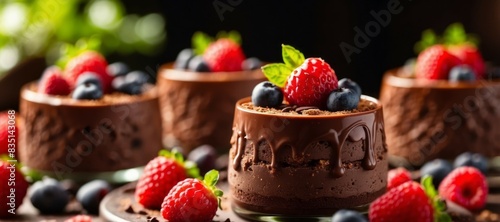 Vegan Chocolate Desserts Glowing in Bright Natural Light Garnished with Fresh Fruits. photo